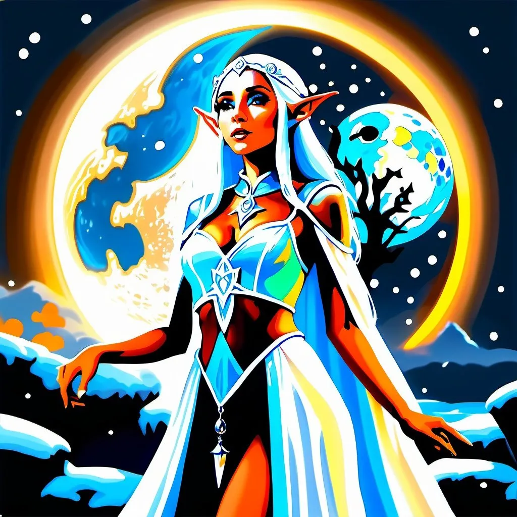 Prompt: An elf priestess dressed in white, silver and sky blue who is standing under the full moon displaying a freezing spell, fantasy character art, illustration, dnd, warm tone