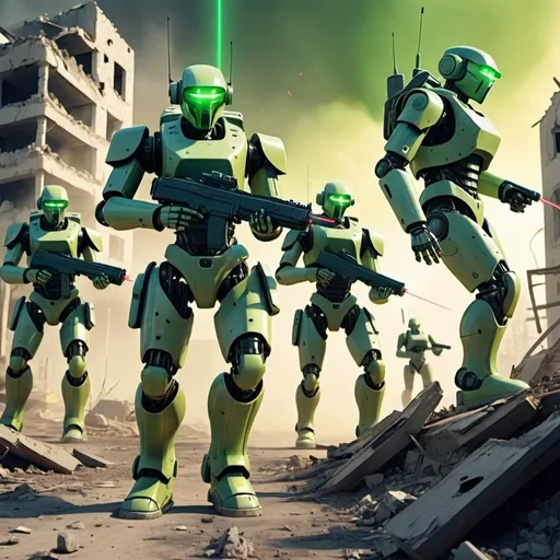 Prompt: A platoon of robotic soldiers is advancing trough a futuristic ruined town, relentless, green 
yellowish energy aura, they're armed with a laser rifle, they're shooting at the enemy, supernatural, deadly, highly detailed, 4k resolution, masterpiece, 3d modelling,  futuristic battlefield scenario,digital art, sovietic vintage illustration art, 1960s 