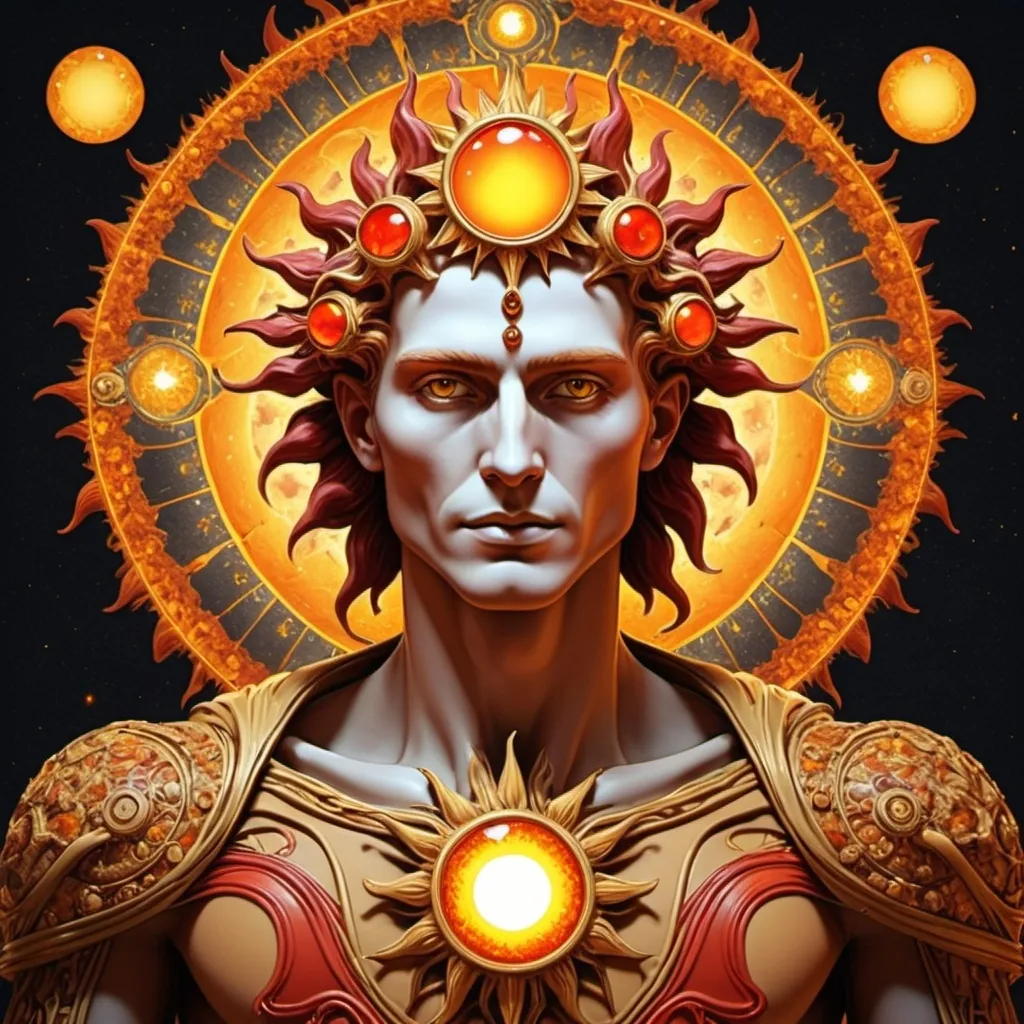 Prompt: A male human figure who personifying the tarot of The Sun, he is the wealthy one, the one who give richness to all the living beings, dressed in orange, gold yellow, rich amber and amber rayed red, collecting intelligence, The Lord of the Fire of the World, Sun,1÷10×√(50)×tan(78)+125^(2)÷√(8.888), fractal,organic matter, cellular colony, deep wiew,4k resolution,hyperdetailed, masterpiece, 3d modelling, abstract art, digital art