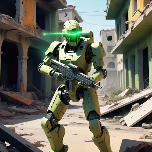 Prompt: A robotic soldier is moving trough a futuristic ruined town, relentless, green 
yellowish energy aura, he's armed with a laser rifle, firing at the enemy, supernatural, deadly, highly detailed, 4k resolution, masterpiece, 3d modelling,  futuristic battlefield scenario,digital art, Pontormo art, 1980s 