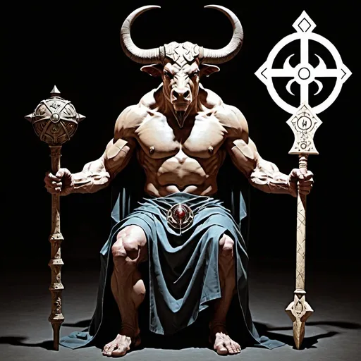 Prompt: A Minotaur, the Magus of the Eternal, the Hierophant