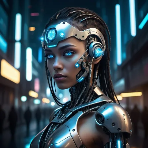 Prompt: "Cyborg girl with metallic features, glowing blue eyes, and futuristic attire, in a dystopian cityscape at night. Add a sense of mystery and intrigue with a dark color palette, neon lights, and cyberpunk elements. Emphasize the contrast between technology and humanity, blending organic and mechanical elements seamlessly. Capture the essence of a cybernetic world with detailed textures, intricate circuitry, and reflections on the metallic surfaces. Aim for a high-quality and visually captivating illustration that showcases the futuristic cyborg concept."