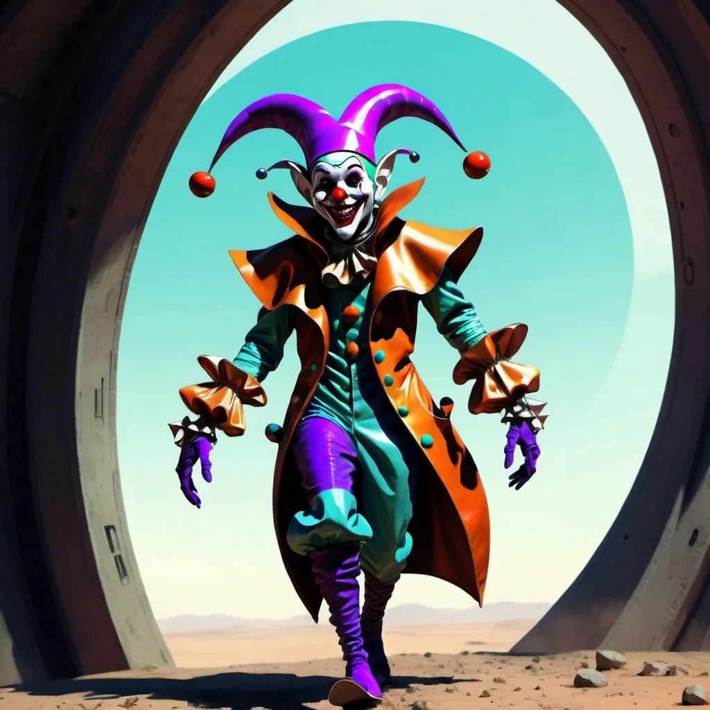 Prompt: A crazy futuristic jester wandering around, digital art, science-fiction, pulp style