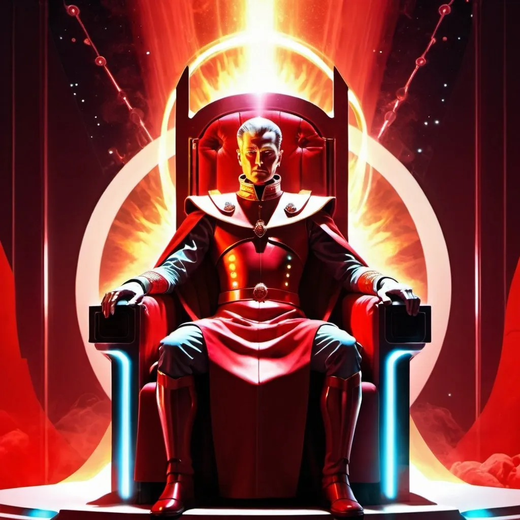 Prompt: A futuristic emperor dressed in red sits on his throne surrounded by an hot energy aura,digital art, science-fiction, pulp style