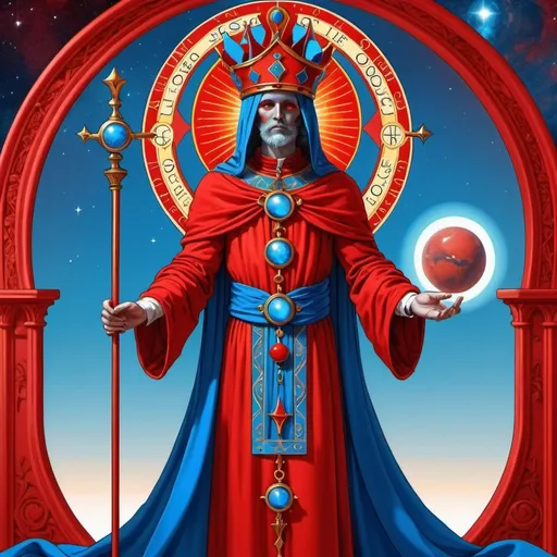 Prompt: A human figure who personifying the tarot of The House of God, dressed in scarlet, red, venetian red and bright red rayed azure, exciting intelligence, the Lord of the Hosts of the Mighty, Mars, Caza art, digital art