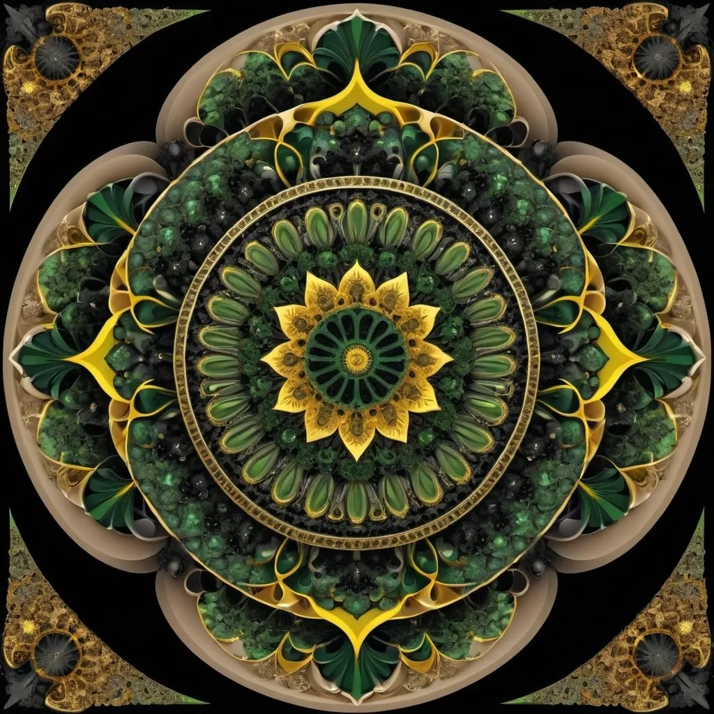 Prompt: 7+√(777×tan(7+7), mandala, centered,dark green,yellow greenish and coal black, organic matter, cellular colony, fractal,hyperdetailed, masterpiece, 3d modelling, deep,abstract art, digital art, Caravaggio art