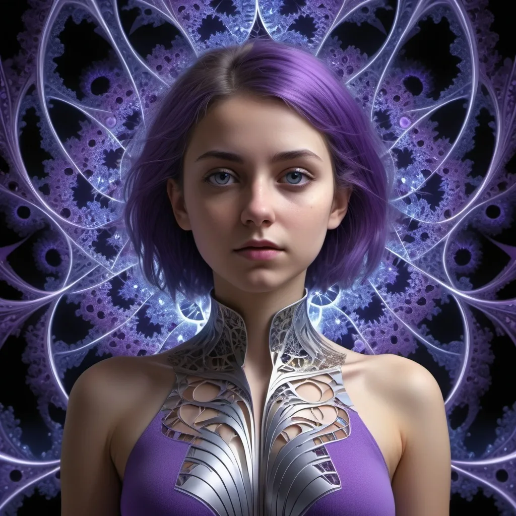 Prompt:   a young lady,displaying her own power. ((changing, knowledge, defiance, plotting, foreseeing)),((violet,blue,purple)),(( Full figure wiew)). ((Three quarter wiew)).((fractal)),((deep wiew)),modern suburbs scenario background,photographic,ultra high resolution,hyperdetailed, masterpiece, 3d modelling, digital art.