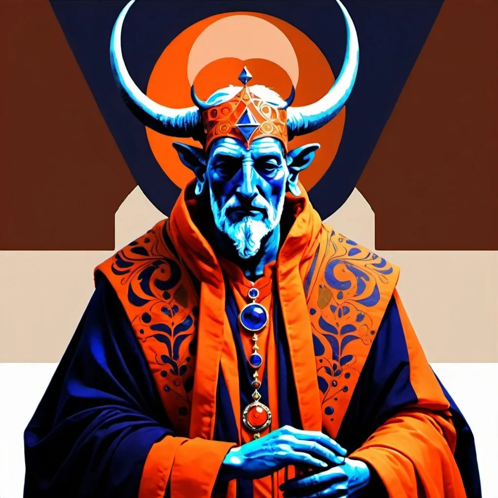 Prompt: The Hierophant, dressed in red orange, deep indigo, deep warm olive and rich brown, triumphal, the Magus of the Eternal, Taurus,  Caza art, digital art