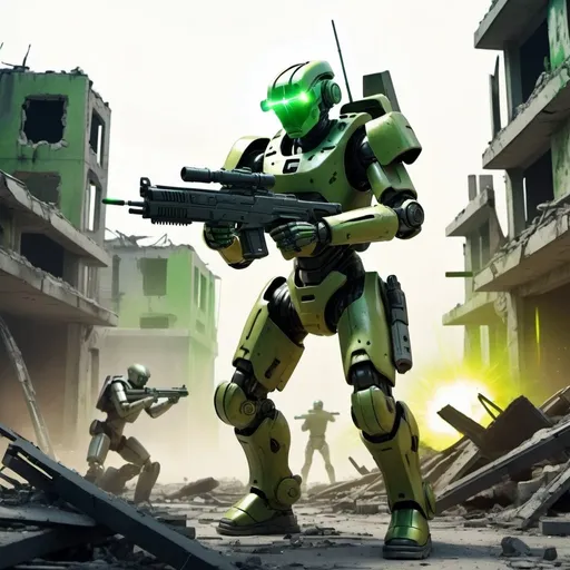 Prompt: A robotic soldier is moving trough a futuristic ruined town, relentless, green 
yellowish energy aura, he's armed with a laser rifle, he's shooting at the enemy, supernatural, deadly, highly detailed, 4k resolution, masterpiece, 3d modelling,  futuristic battlefield scenario,digital art, comic illustration art, 1980s 