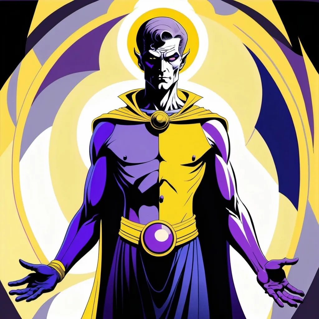 Prompt: A male human figure who personifying the Magus of Power, in  yellow, purple, gray and indigo rayed violet, digital art dramatic, graphic novel illustration,  2d shaded retro comic book