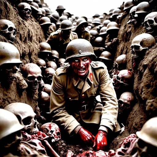 Prompt: 
real soldier in trench surrounded by corpses gore