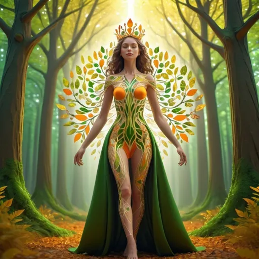 Prompt: A beautiful woman is walking in the middle of a forest, she's offering her hand, growing like a crown of a tree, green, orange and gold,like a living organism, shining bright, dressed with symmetrical designs of leaves and arabesques, adorned with yellow lights, masterpiece, highly detailed, 3d modelling, 4k resolution, abstract art, digital art, photographic