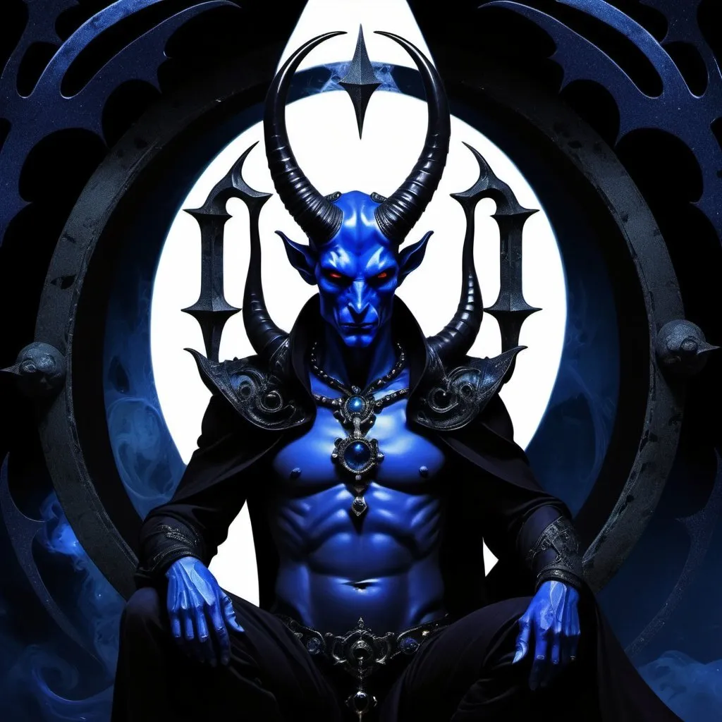 Prompt: The Devil, dressed in indigo, black, blue black and cold dark grey, renovating intlligence, the Lord of the Gates of Matter, the Child of the Forces of Time, Capricorn, Caza art, digital art