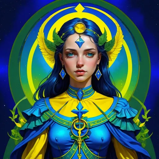 Prompt: The Temperance, dressed in blue, yellow, green and vivid blue, intelligence of probation, The Daughter of the Reconcilers, the Bringer-Forth of Life, Sagittarius, Caza art, digital art