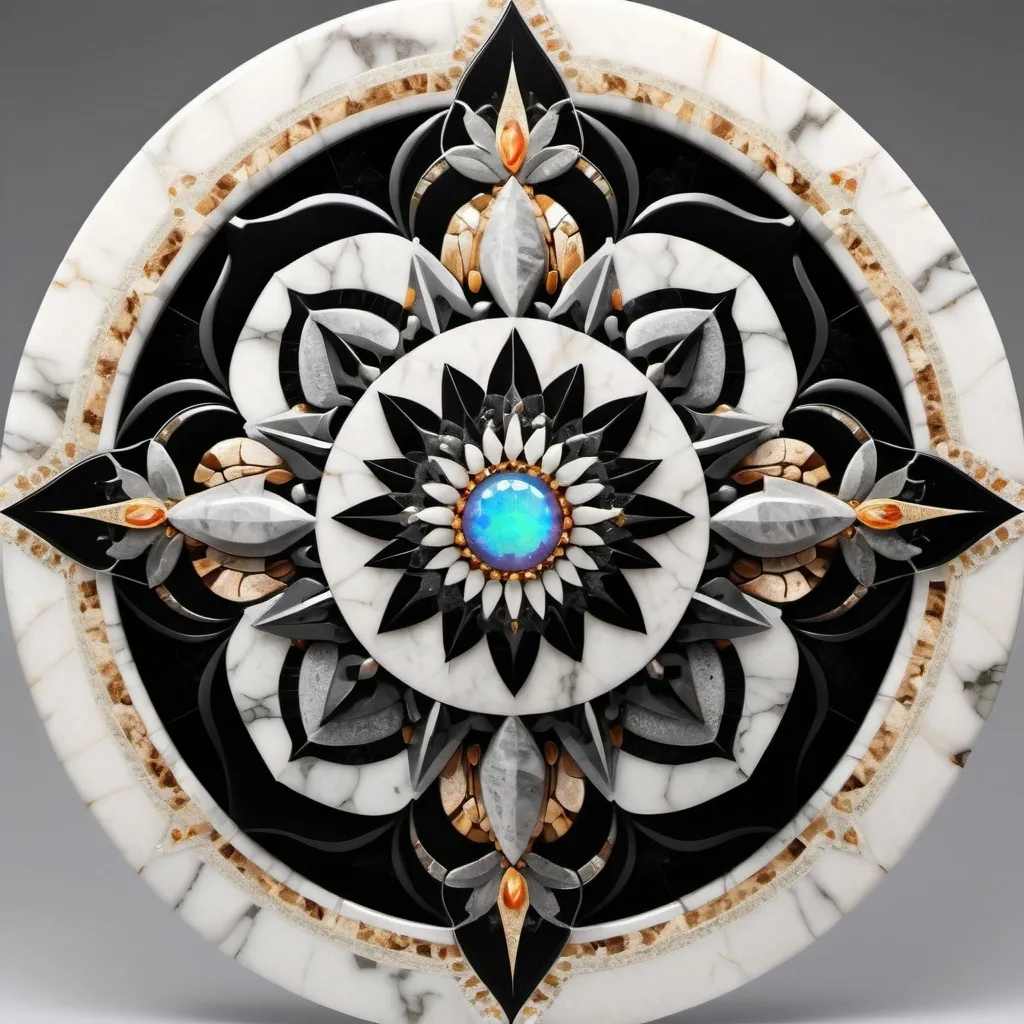 Prompt: 193^(3),a plain surface of stone,((polished stone)), realistic,(( white marble stone)),((black venatures)),((light grey sfumatures)),(( realistic colour)) natural design. Incastonated in the center of the stone there is a mosaic that is a ((mandala)) made of quartz, opal and topaz. The mandala figure originates from a eight pointed star and has a fractal design.photographic,ultra high resolution,hyperdetailed, masterpiece, 3d modelling.