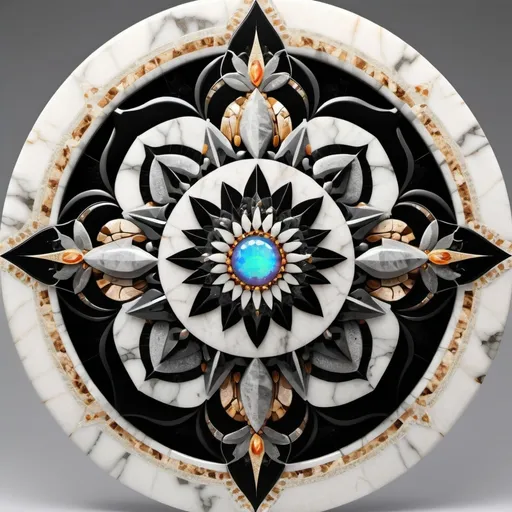 Prompt: 193^(3),a plain surface of stone,((polished stone)), realistic,(( white marble stone)),((black venatures)),((light grey sfumatures)),(( realistic colour)) natural design. Incastonated in the center of the stone there is a mosaic that is a ((mandala)) made of quartz, opal and topaz. The mandala figure originates from a eight pointed star and has a fractal design.photographic,ultra high resolution,hyperdetailed, masterpiece, 3d modelling.