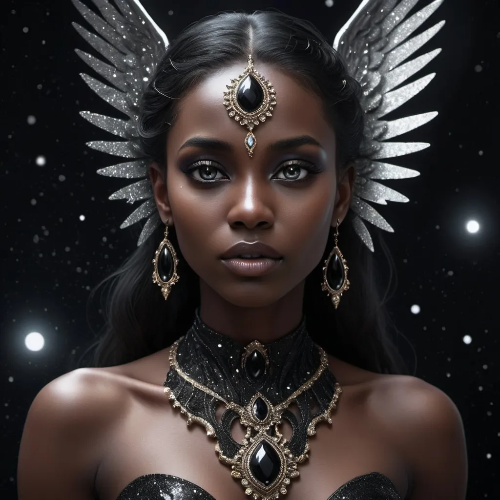 Prompt: (((This is a dark image))). Generate a dark celestial woman with ((extremely perfect)) eyes and (((pure black galaxy skin))). Her ((onyx black)) but (soft) face should be highly detailed and realistically shaded with puffy lips. (((Her face is important.))) Her wings are delicate but stunning, with many small fantasy details. A warrior soul who is seeking for vengeance. This is a (((masterpiece))). Utilize dynamic composition and expressions to create a cinematic experience. Include glittering and delicate jewelry. The background of the image should be pure back, leaving the woman as the focal point of the image. ((dark celestialskin body, void cosmic body)), ornate, (((dark background))), (((lights off))), (((hollywood dark))), horror, dramatic shadows, (in a dark fantasy space:1.3, glitter, sparkle, gleam),