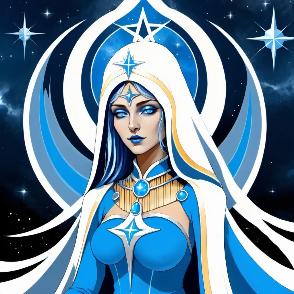 Prompt: the High Priestess, dressed in silver, blue, cold pale blue and silver rayed sky blue, uniting intelligence, the Priestess of the Silver Star, Luna, the High Priestess, Caza art, digital art