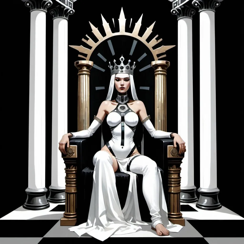 Prompt: A crowned priestess half human and half machine who is sitting on a throne between two columns, one white and one black, digital art, science-fiction, pulp style