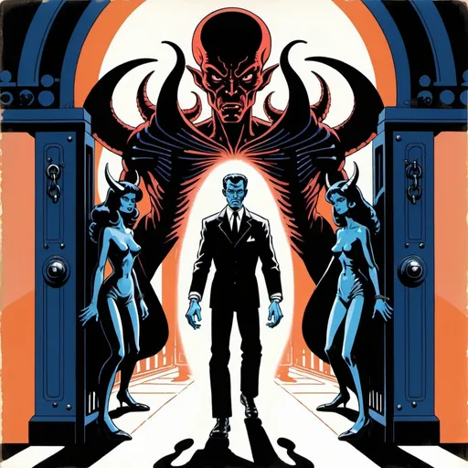 Prompt: Silk screen comic book illustration, A devil-like alien is standing in front of the gates of matter dragging with him a man and a woman chained, dressed in indigo and black, detailed,1960s retro futurism