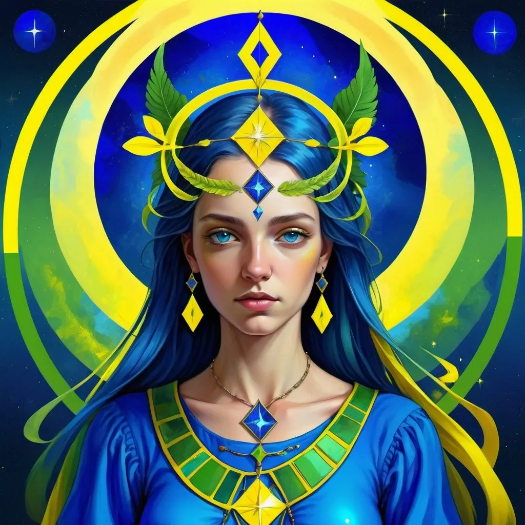 Prompt: The Temperance, dressed in blue, yellow, green and vivid blue, intelligence of probation, The Daughter of the Reconcilers, the Bringer-Forth of Life, Sagittarius, Caza art, digital art