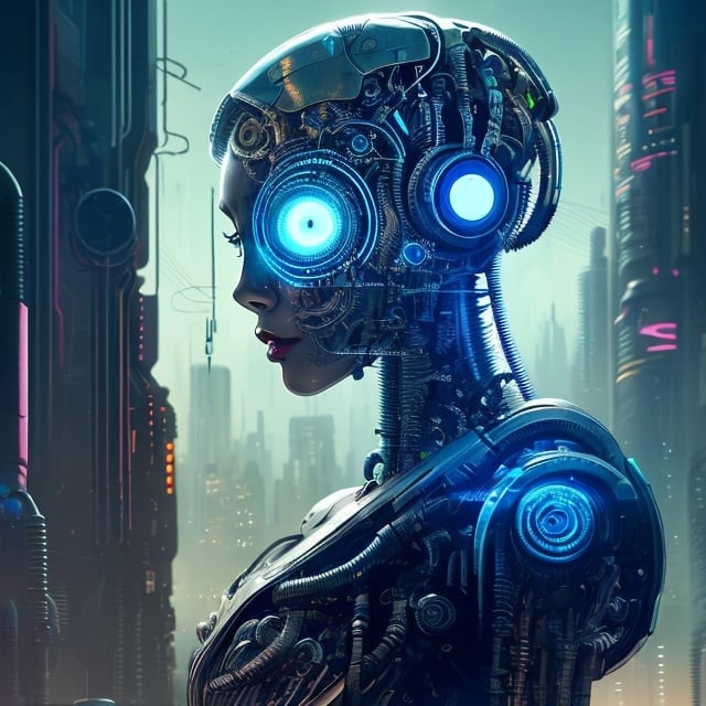 Prompt: "Cyborg girl with metallic features, glowing blue eyes, and futuristic attire, in a dystopian cityscape at night. Add a sense of mystery and intrigue with a dark color palette, neon lights, and cyberpunk elements. Emphasize the contrast between technology and humanity, blending organic and mechanical elements seamlessly. Capture the essence of a cybernetic world with detailed textures, intricate circuitry, and reflections on the metallic surfaces. Aim for a high-quality and visually captivating illustration that showcases the futuristic cyborg concept."