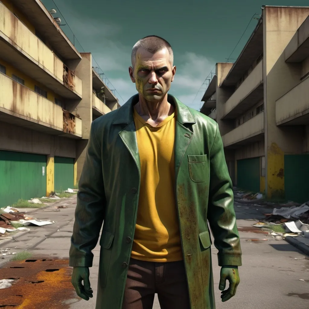 Prompt: A modern everyday man, displaying his own power, ((corruption, entropy, decay, resilient, master of toxins)), (full figure view), (three quarter view), (deep view), (modern suburbs scene), (dark green, rusted brown, yellow greenish), (photorealistic), ultra HD, hyper-detailed, (3D modeling), digital art, masterpiece. Dramatic ambiance highlighting urban decay, illuminated streets casting shadows, subtle textures creating an atmosphere of resilience amidst corruption.