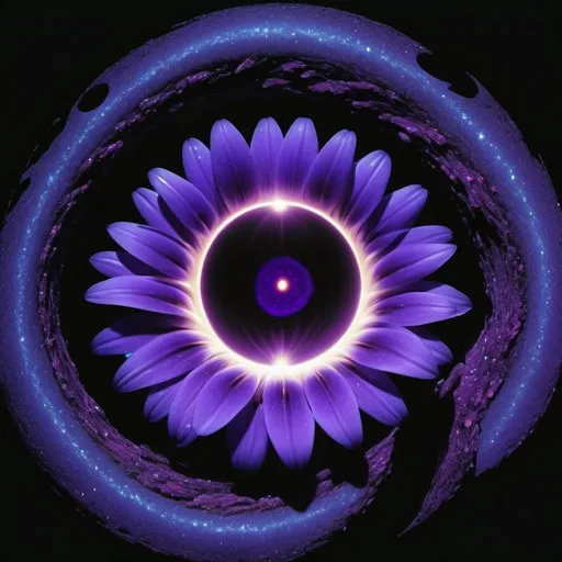 Prompt: A  flower is growing inside a black hole, relentless,purple and indigo energy aura,pure, supernatural,highly detailed, 4k resolution, masterpiece,warp space scenario,digital art, Druillet art, 1980s 