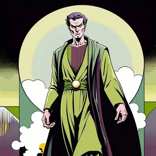Prompt: A male human figure, who personifying the Prophet of the Eternal, in green yellowish, slate grey, green grey and plum colour, dramatic, graphic novel illustration,  2d shaded retro comic book 
