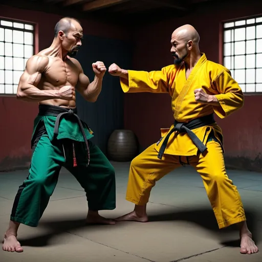 Prompt: two masters of martial arts,displaying their own skills.((one is brutally cunning and the other is cunningly brutal)).((rude,brutal,strenght,badass,boss,ugly,primordial)),((green,yellow, black, red)),(( Full figure wiew)). ((Three quarter wiew)),((deep wiew)),modern suburbs scenario background,photographic,ultra high resolution,hyperdetailed, masterpiece, 3d modelling, digital art.