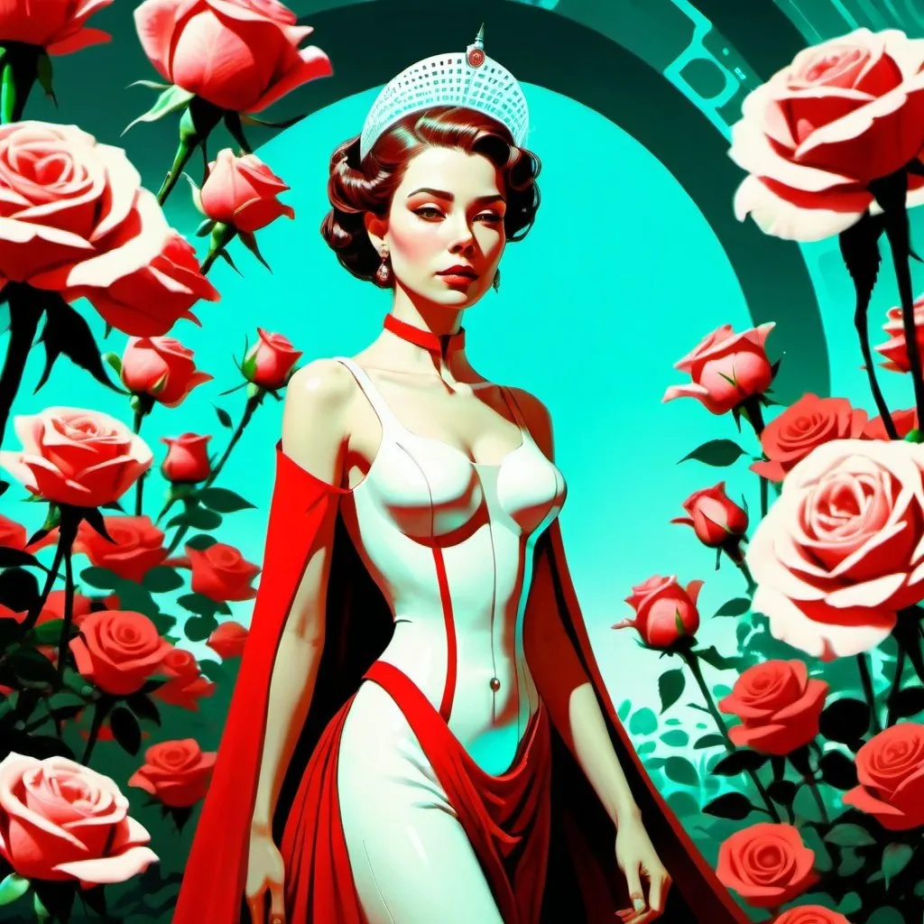 Prompt: A futuristic young and elegant empress is walking among a garden of roses, digital art, science-fiction, pulp style