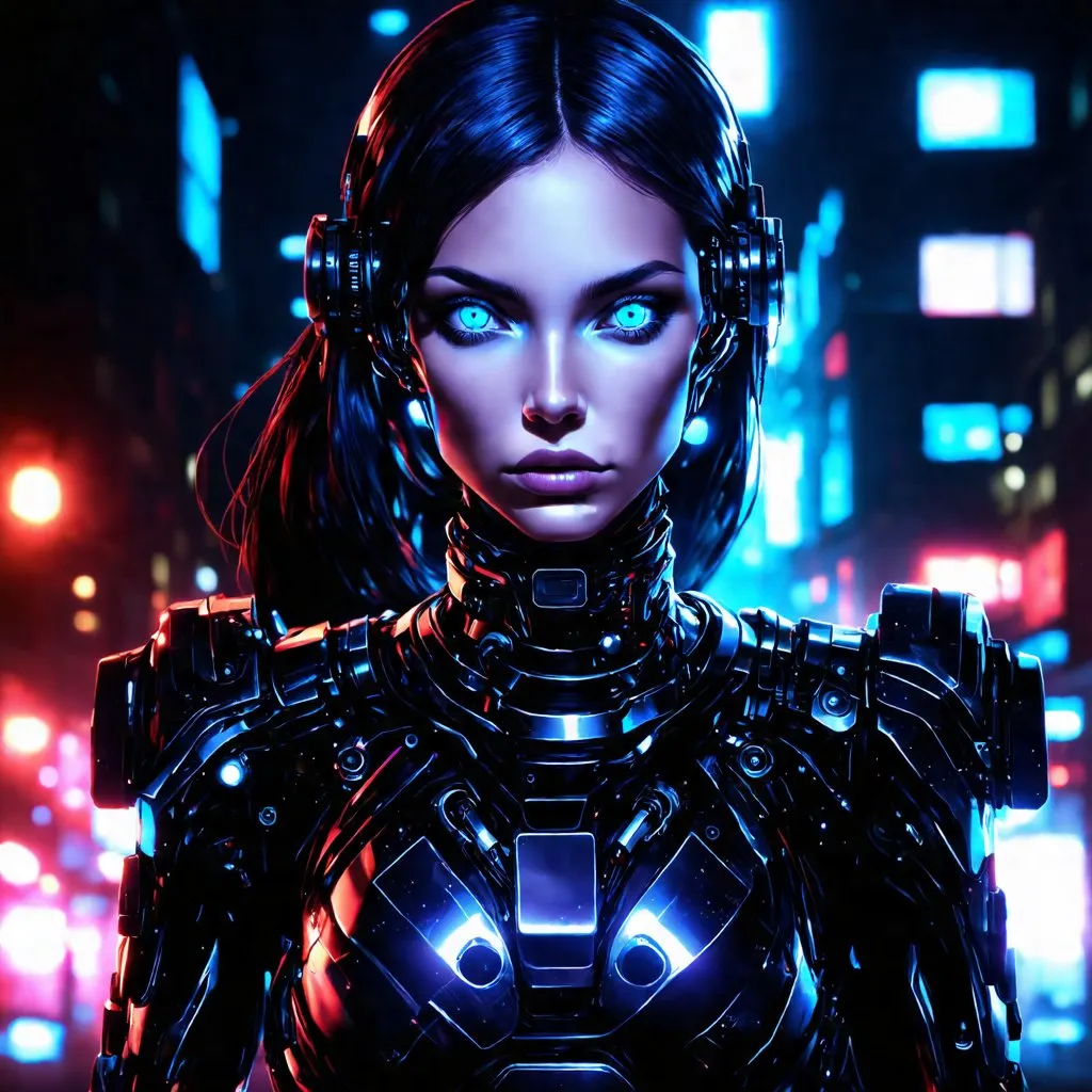 Prompt: "Cyborg girl with metallic features, glowing blue eyes, and futuristic attire, in a dystopian cityscape at night. Add a sense of mystery and intrigue with a dark color palette, neon lights, and cyberpunk elements. Emphasize the contrast between technology and humanity, blending organic and mechanical elements seamlessly. Capture the essence of a cybernetic world with detailed textures, intricate circuitry, and reflections on the metallic surfaces. Aim for a high-quality and visually captivating illustration that showcases the futuristic cyborg concept."