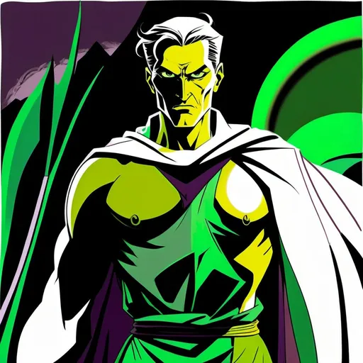 Prompt: A male human figure, who personifying the Prophet of the Eternal, in green yellowish, slate grey, green grey and plum colour, dramatic, graphic novel illustration,  2d shaded retro comic book 