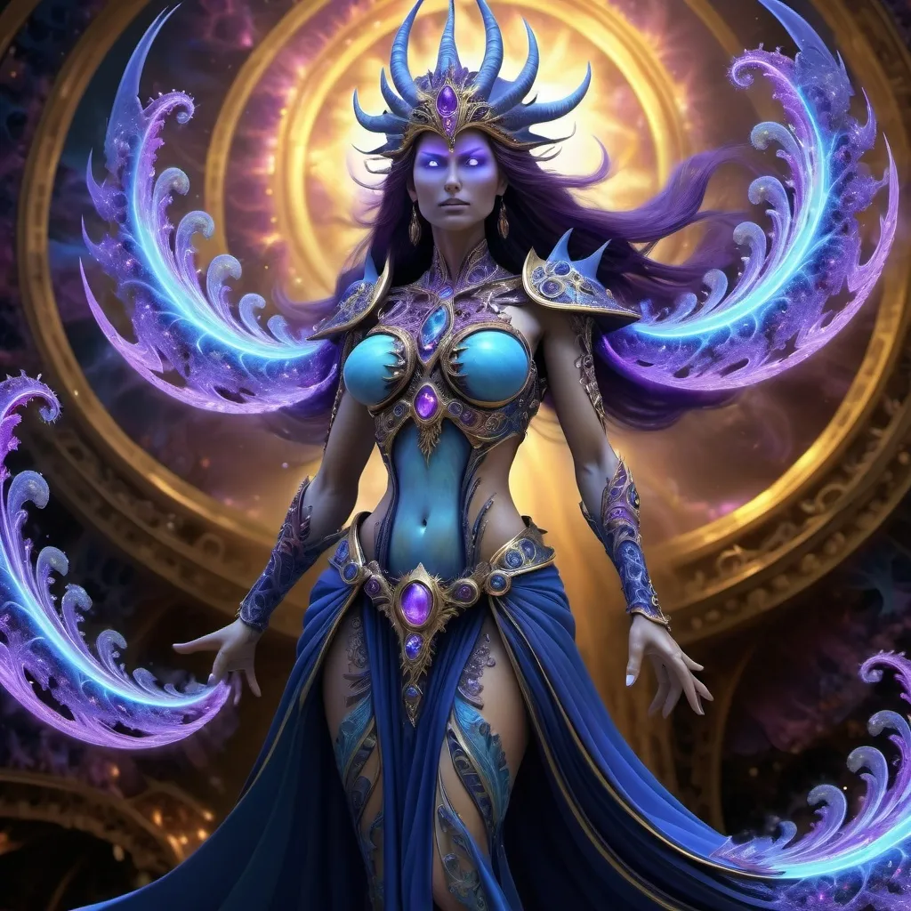 Prompt: Tzeentch as a woman,displaying her own power.(( Full figure wiew)). ((Three quarter wiew)).((fractal)),((deep wiew)),photographic,ultra high resolution,hyperdetailed, masterpiece, 3d modelling, digital art.