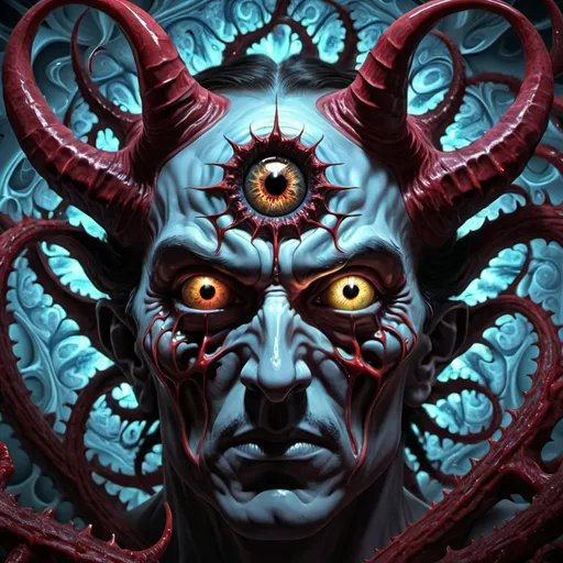 Prompt: A  demon is submmiting humans, infected,predatorial eyes, devourer, highly detailed, 4k resolution, masterpiece,fractal background, warp space background, Dalí art,digital art