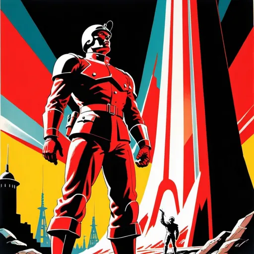 Prompt: Silk screen comic book illustration, A male human figure of a futuristic soldier is standing in front of a tower striked by a bolt of energy, dressed in scarlet and vermillion, detailed, 1960s retro futurism