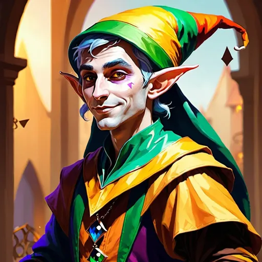 Prompt: An elf jester magician , fantasy character art, illustration, dnd, warm tone