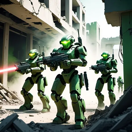 Prompt: A platoon of robotic soldiers is advancing trough a futuristic ruined town, relentless, green 
yellowish energy aura, they're armed with a laser rifle, they're shooting at the enemy, supernatural, deadly, highly detailed, 4k resolution, masterpiece, 3d modelling,  futuristic battlefield scenario,digital art, comic illustration art, 1980s 