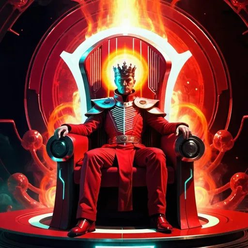 Prompt: A futuristic emperor dressed in red sits on his throne surrounded by an hot energy aura,digital art, science-fiction, pulp style