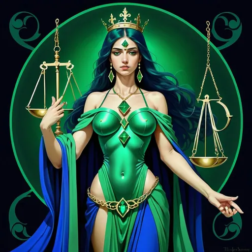 Prompt:  The Justice, dressed in emerald green,blue, deep blue green and pale green, faithful intelligence , The Daughter of the Lords of Truth,The 
Ruler of the Balance , Libra, Caza art, digital art