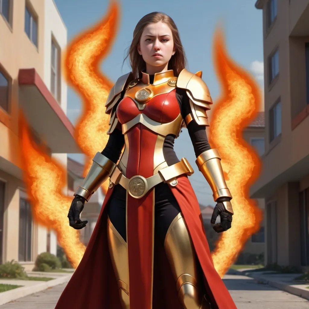 Prompt:  a young lady,displaying her own power.((order, law,control, holy,prime power,commander)),((red,gold,light yellow,fire orange)),(( Full figure wiew)). ((Three quarter wiew)),((deep wiew)),modern suburbs scenario background,photographic,ultra high resolution,hyperdetailed, masterpiece, 3d modelling, digital art.