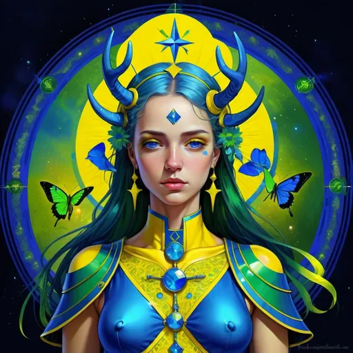 Prompt: The Temperance, dressed in blue, yellow, green and vivid blue, intelligence of probation, The Daughter of the Reconcilers, the Bringer-Forth of Life, Sagittarius, Caza art, digital art