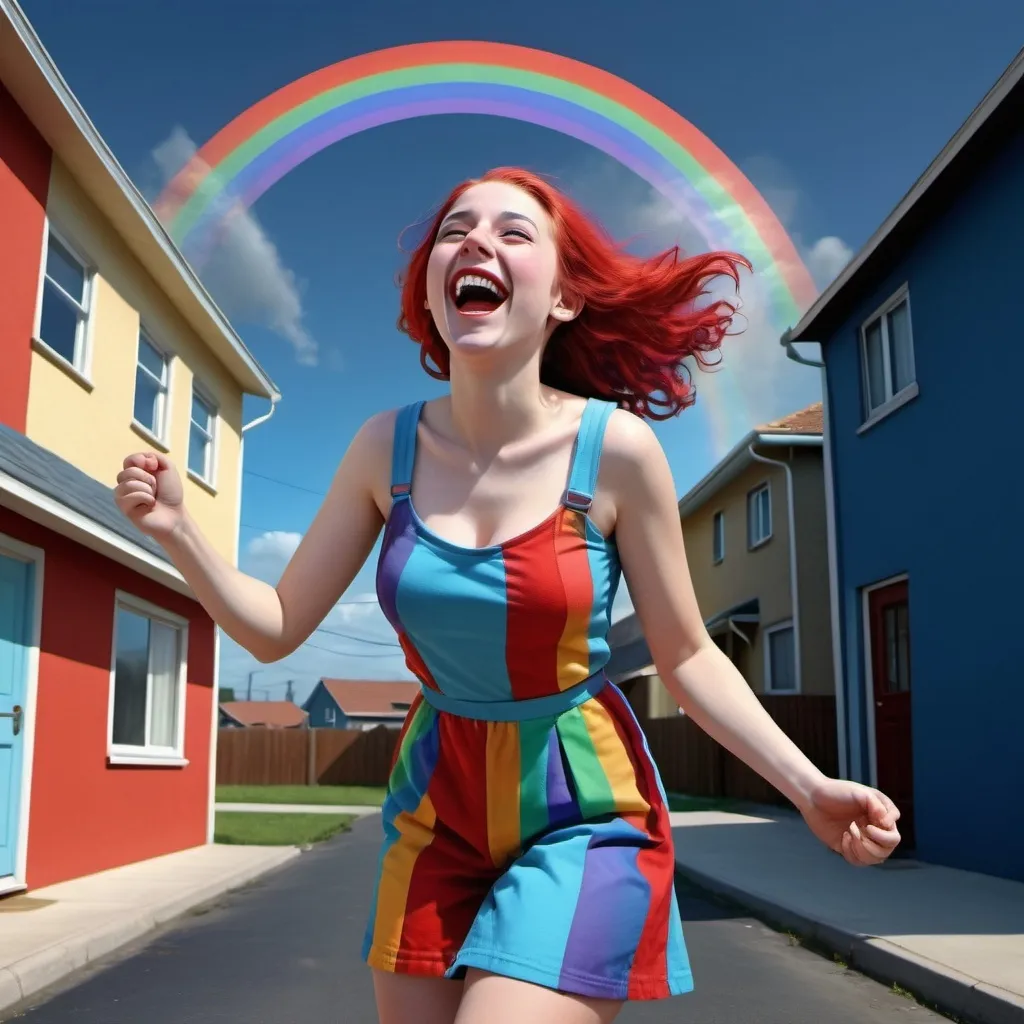 Prompt:  a young lady,displaying her own power.((laughing,trickster,theatrical,madness, jestering)),((pale blue, dark blue, red, rainbow colours)),(( Full figure wiew)). ((Three quarter wiew)),((deep wiew)),modern suburbs scenario background,photographic,ultra high resolution,hyperdetailed, masterpiece, 3d modelling, digital art.