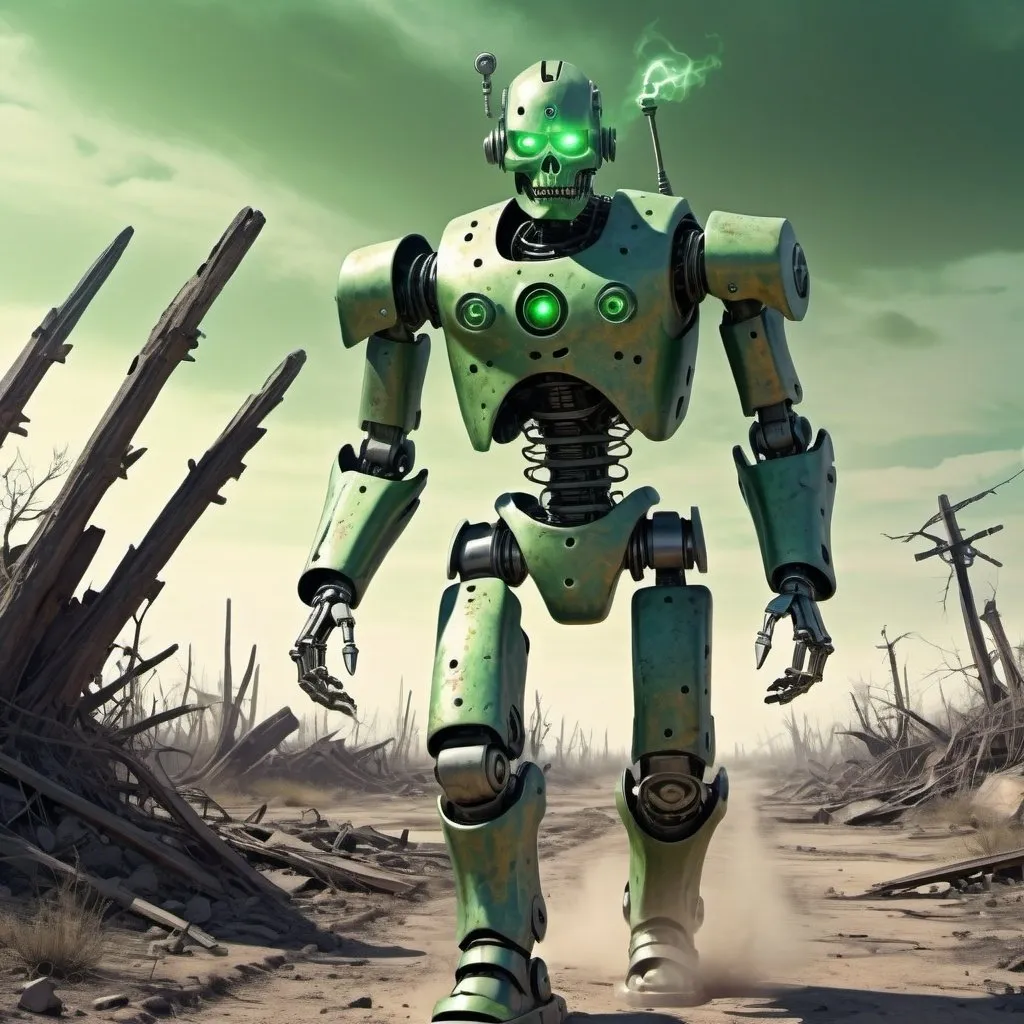 Prompt: A robotic undead warrior is walking ahead, relentless,green energy aura,the end complete, supernatural,highly detailed, 4k resolution, masterpiece,wasteland scenario,digital art, pulp illustration art, 1950s 

