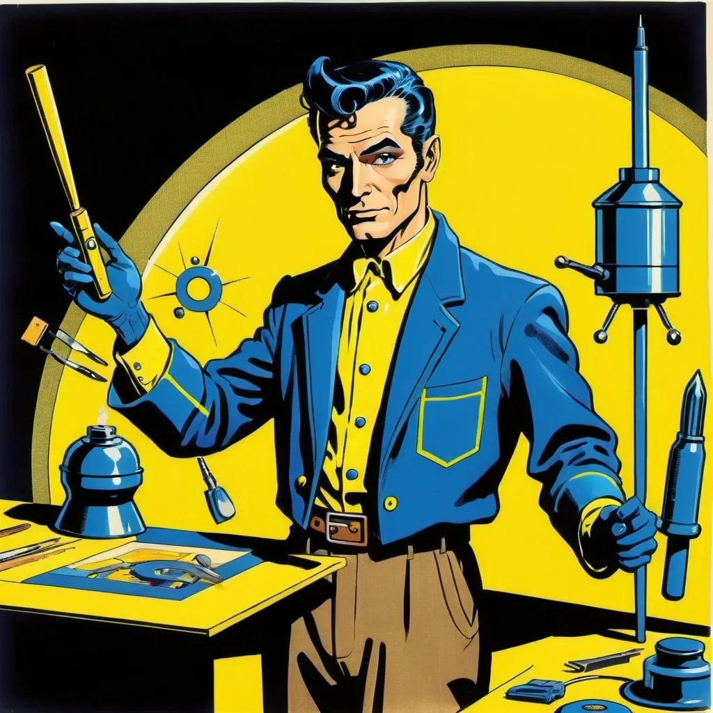 Prompt: Silk screen comic book illustration, A technological magician dressed in indigo and yellow who is displaying his art using his tools,1960s retro futurism