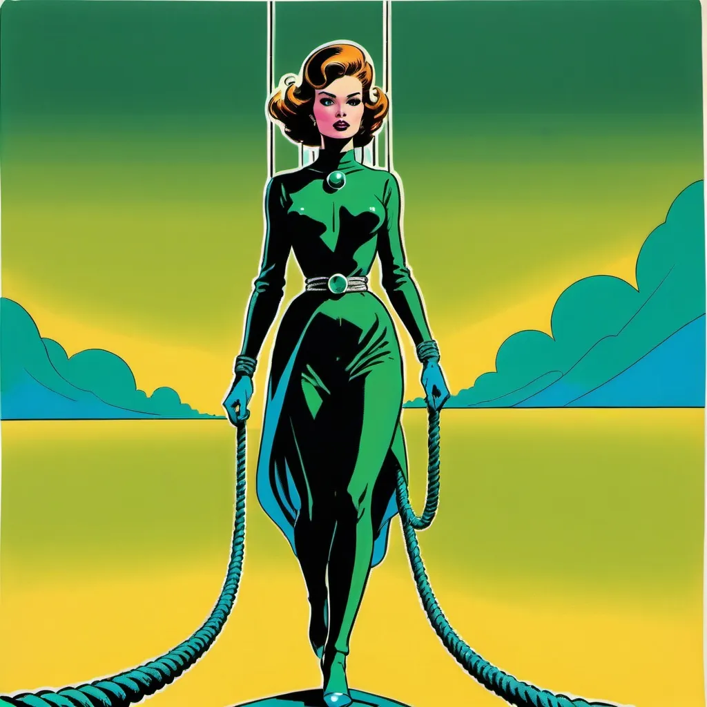 Prompt: Silk screen comic book illustration,a futuristic woman dressed in emerald green and blue is walking on an endless thin rope and balancing herself, detailed, 1960s retro futurism