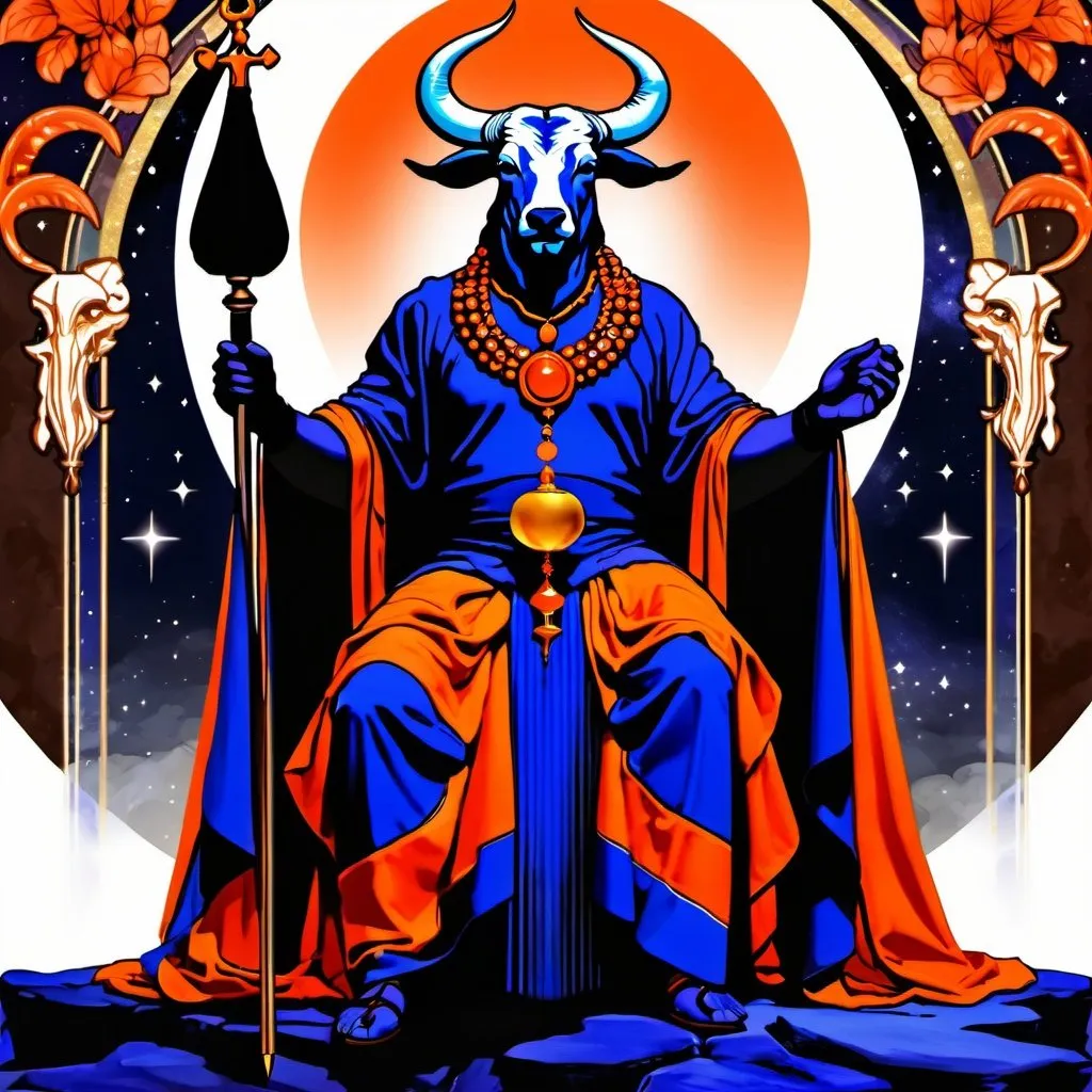 Prompt: The Hierophant, dressed in red orange, deep indigo, deep warm olive and rich brown, triumphal, the Magus of the Eternal, Taurus,  Caza art, digital art