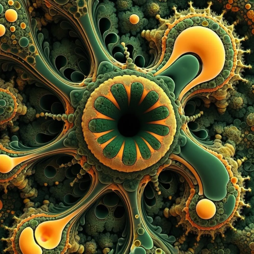 Prompt: 17+√(777×tan(17+17), fractal, nurgle,dark green, yellow greenish and pale orange, organic matter, cellular colony, deep wiew,4k resolution,hyperdetailed, masterpiece, 3d modelling, abstract art, digital art