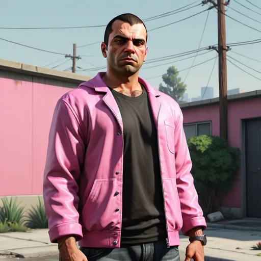 Prompt:  Slaneesh as a young criminal from GTA V,displaying his own power. ((desire,pleasure, fulfillment,pride,cruelty)),((pink,black,pale grey)),(( Full figure wiew)). ((Three quarter wiew)).((deep wiew)),modern suburbs scenario background,photographic,ultra high resolution,hyperdetailed, masterpiece, 3d modelling, digital art.