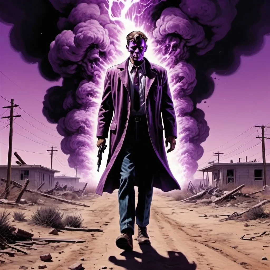 Prompt: A psychopatic killer is walking ahead, relentless,violet energy aura,the end complete, supernatural,highly detailed, 4k resolution, masterpiece,wasteland scenario,digital art, pulp illustration art, 1950s 
